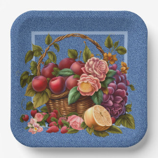 Assiettes En Carton Blue Denim Fruit And Flowers