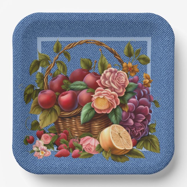 Assiettes En Carton Blue Denim Fruit And Flowers (Recto)