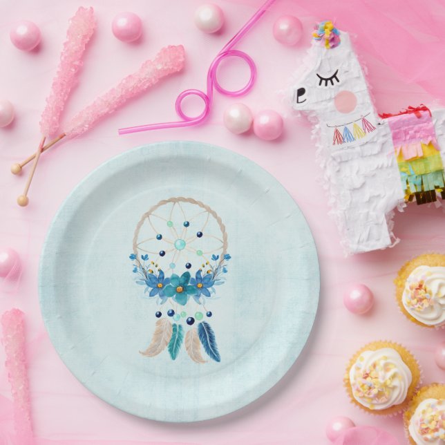 Assiettes En Carton Blue Dreamcatcher Design Boho élégant (Fête)