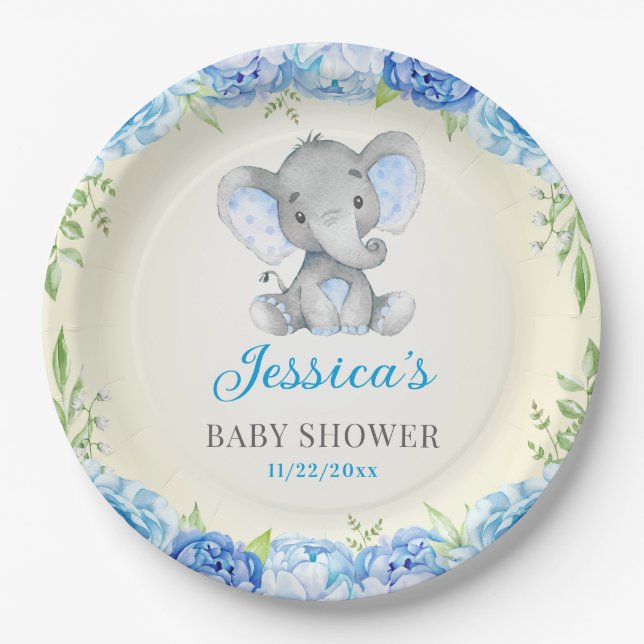 Assiettes En Carton Blue Elephant Baby Boy Douche Petit Fête d'arachid (Devant)