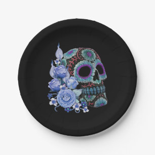 Assiettes En Carton Blue Floral Black Sugar Skull Jour des morts
