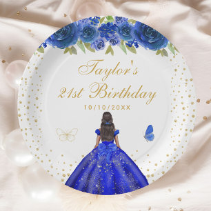 Assiettes En Carton Blue Floral Dark Skin Princess Anniversaire