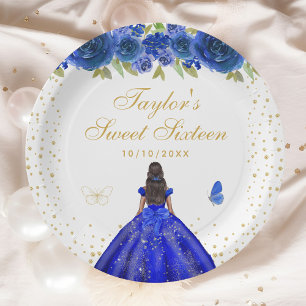 Assiettes En Carton Blue Floral Peau foncée Princesse Sweet sixteen