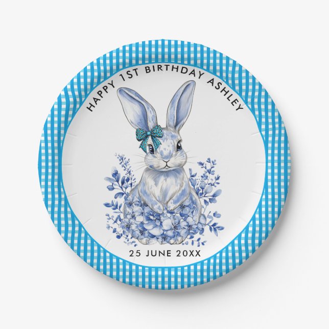 Assiettes En Carton Blue Floral Rabbit 1er anniversaire pour les enfan (Devant)