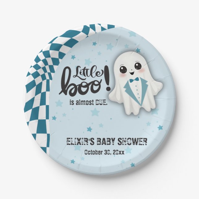 Assiettes En Carton Blue Ghost Little Boo est presque dû Baby shower (Devant)
