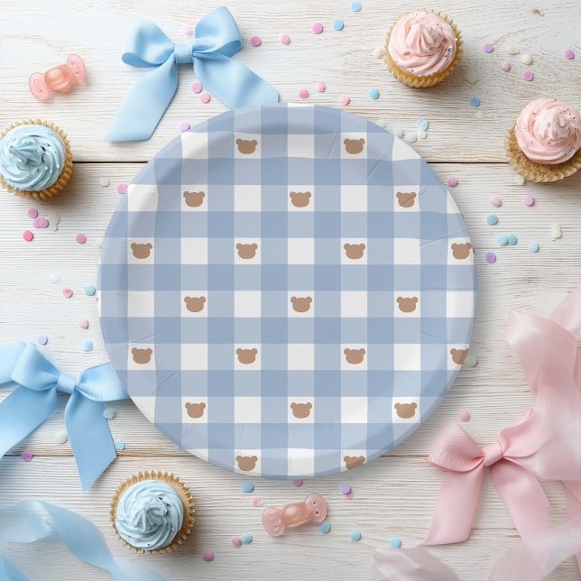 Assiettes En Carton Blue Gingham Teddy Bear- Bearly Wait Baby Boy Show (Créateur téléchargé)