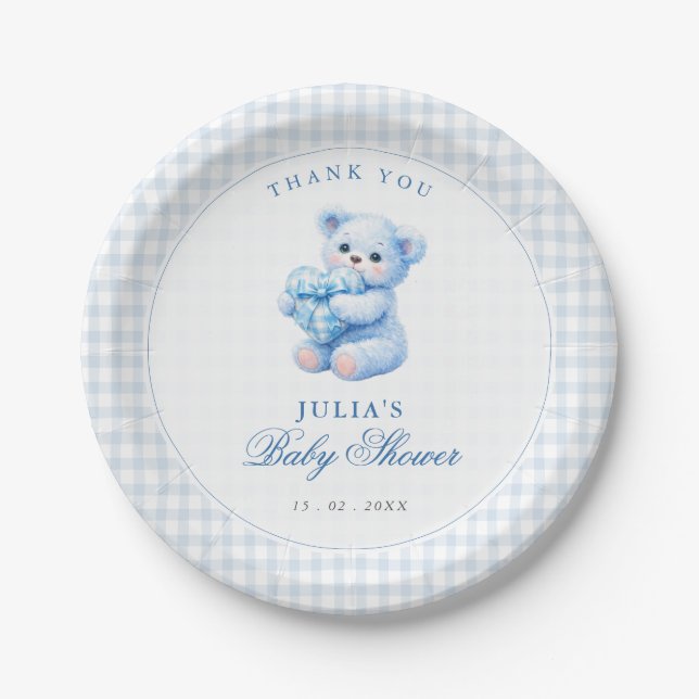 Assiettes En Carton Blue Gingham Teddy Bear Neutral Baby Shower (Devant)