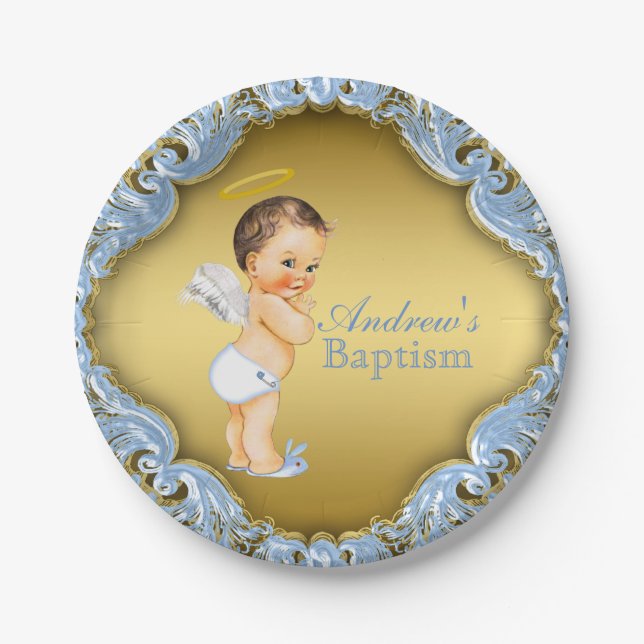 Assiettes En Carton Blue Gold Angel Baby Boy Baptême Christening (Devant)
