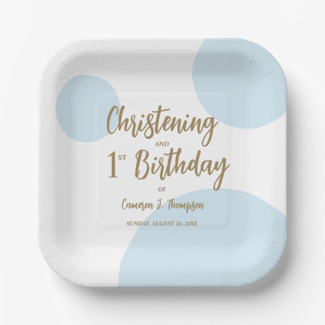 Assiettes En Carton Blue Gold Christening Et 1er anniversaire Custom (Recto)