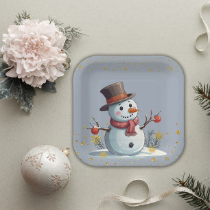 Assiettes En Carton Blue & Gold Little Snowflakes Snowman Baby shower
