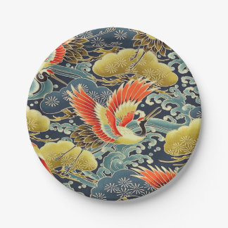 Assiettes En Carton Blue Gold Orange Japonais Kimono Bird Crane