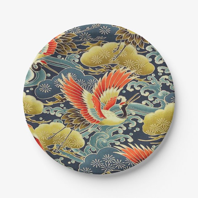 Assiettes En Carton Blue Gold Orange Japonais Kimono Bird Crane (Devant)