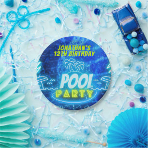 Assiettes En Carton Blue Green Neon GlowBoys Anniversaire Pool Party