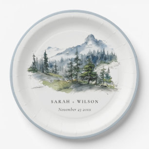 Assiettes En Carton Blue Green Woods Mountain Paysage Mariage de croqu