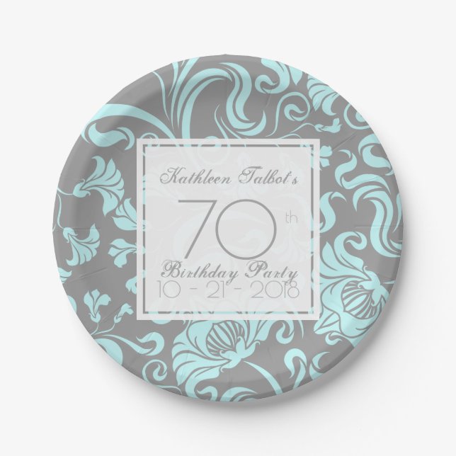 Assiettes En Carton Blue Grey Floral 70th Birthday Party Papier Plaque (Devant)
