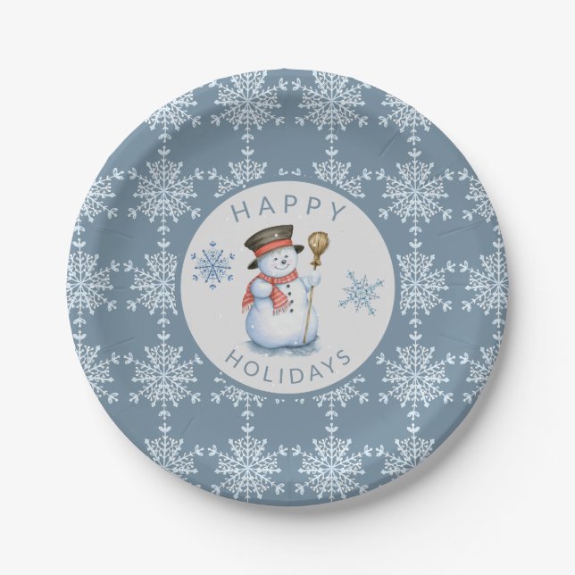 Assiettes En Carton Blue Grey Snowflics Snowman Fête de Noël (Devant)