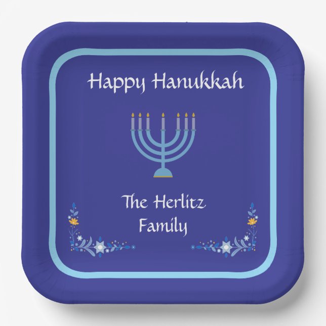 Assiettes En Carton Blue HANUKKAH Menorah Customize NAME (Recto)