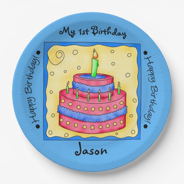 Assiettes En Carton Blue Happy 1er Anniversaire Plaque de gâteau (Devant)