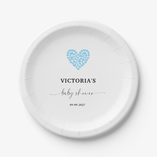 Assiettes En Carton Blue Heart Baby Shower Party  (Devant)
