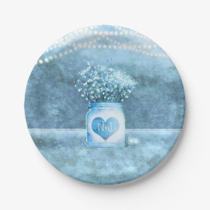 Assiettes En Carton Blue Heart Mason Jar & Baby's Breath Mariage