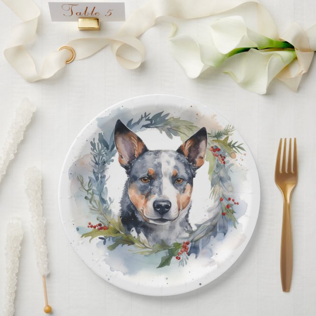 Assiettes En Carton Blue Heeler Christmas Wreath Festive Pup (Mariage)
