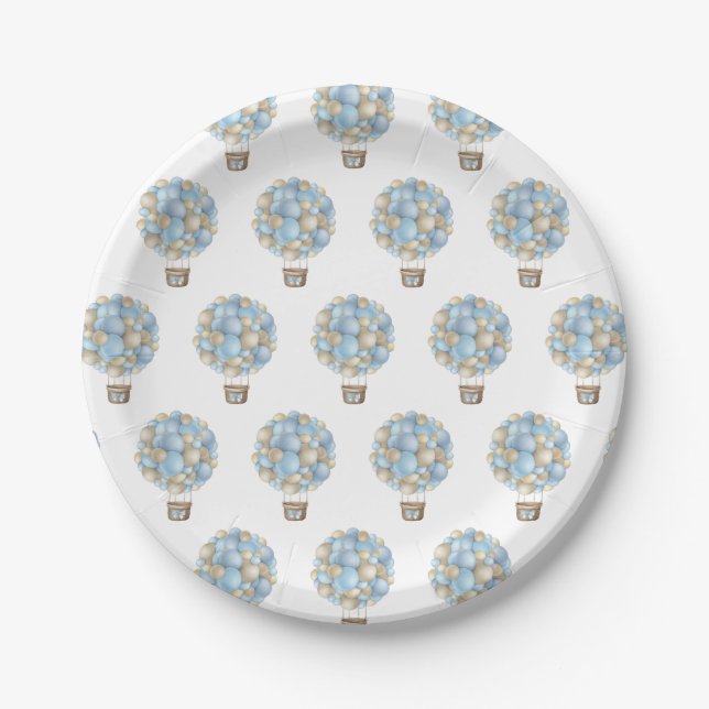 Assiettes En Carton Blue Hot Air Balloon Boy Baby shower (Devant)