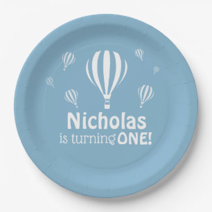 Assiettes En Carton Blue Hot Air Balloons Baby's First Birthday