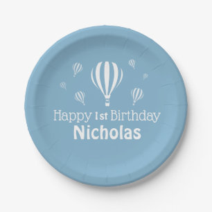 Assiettes En Carton Blue Hot Air Balloons Baby's First Birthday