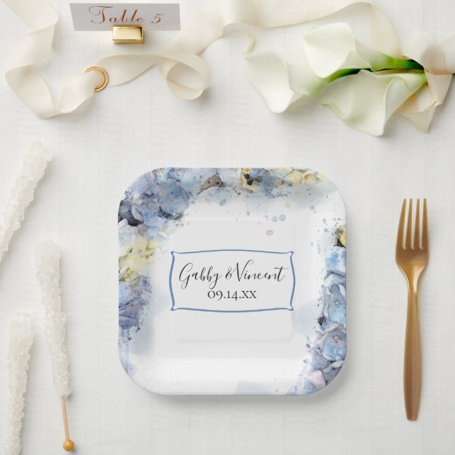 Assiettes En Carton Blue Hydrangea Floral Mariage d'aquarelle (Mariage)