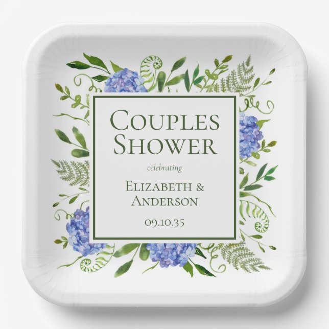 Assiettes En Carton Blue Hydrangeas Couples Douche (Recto)