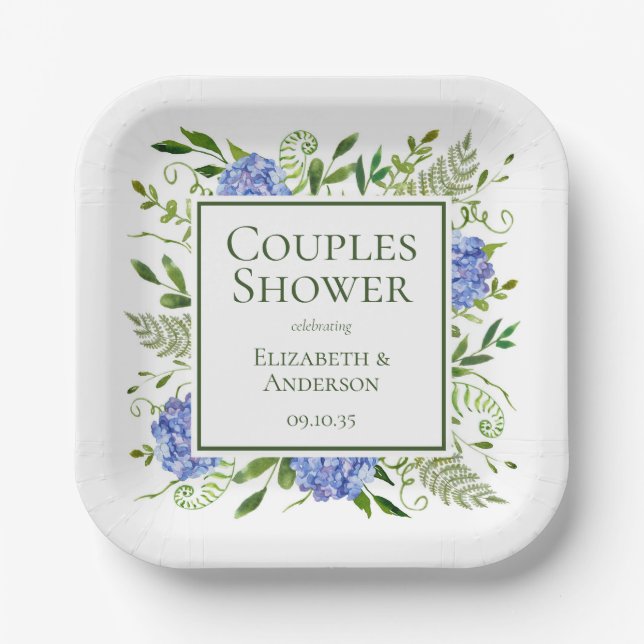 Assiettes En Carton Blue Hydrangeas Couples Douche (Recto)