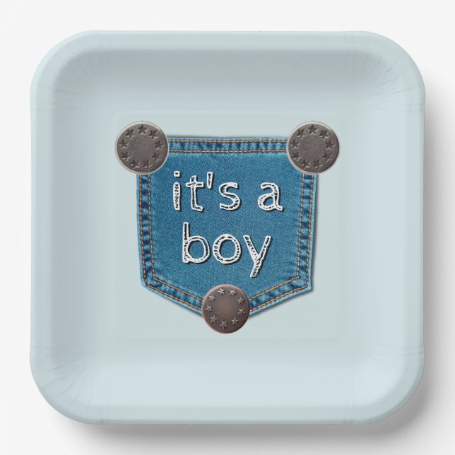 Assiettes En Carton Blue Jean Denim C'est un Baby shower garçon (Recto)