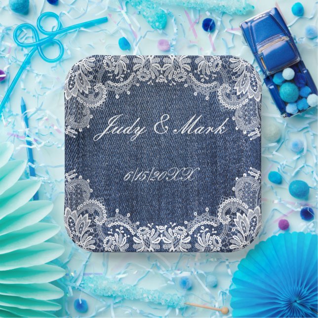 Assiettes En Carton Blue Jean Denim Et Dentelle (Fête)