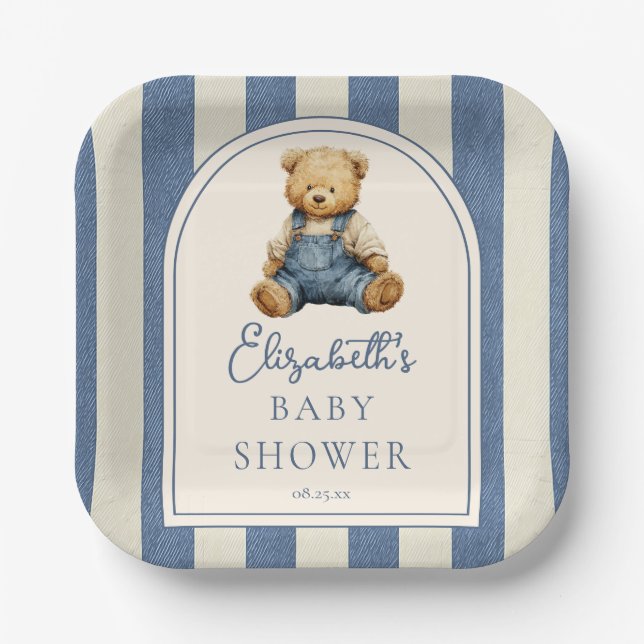 Assiettes En Carton Blue Jean Denim Teddy Bear Baby Shower (Recto)