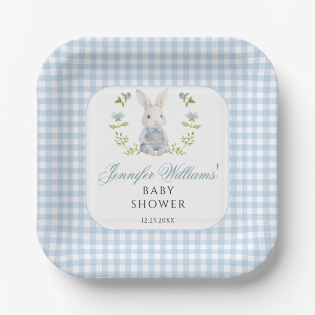 Assiettes En Carton Blue Little Bunny Boy En vichy Baby shower Boho (Recto)