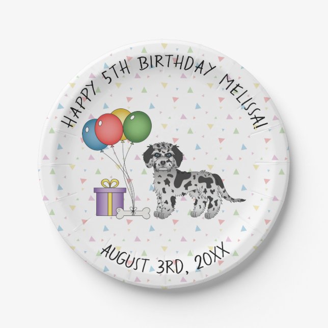Assiettes En Carton Blue Merle Mini Goldendoodle Cartoon Chien Anniver (Devant)