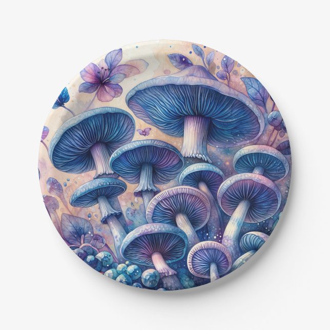 Assiettes En Carton Blue Milk Mushrooms Watercolor (Devant)