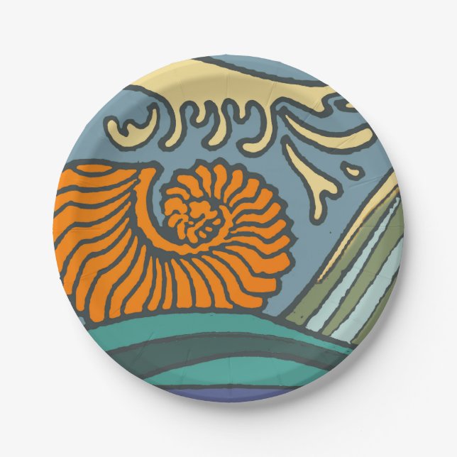 Assiettes En Carton Blue Ocean Waves Nautilus Seashell Motif Nouveau (Devant)