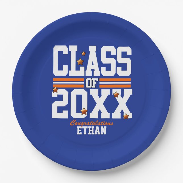 Assiettes En Carton Blue|Orange Graduation Class Year (Devant)