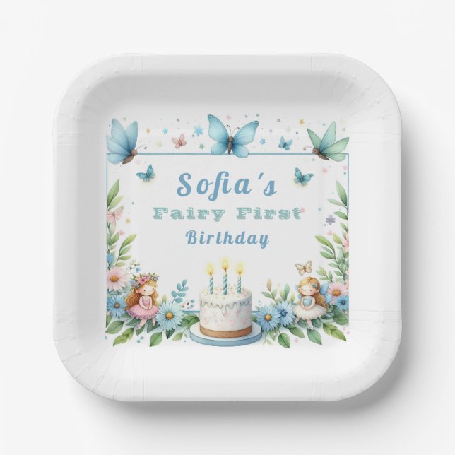 Assiettes En Carton Blue Pastel Butterfly Fairy First Birday - (Recto)