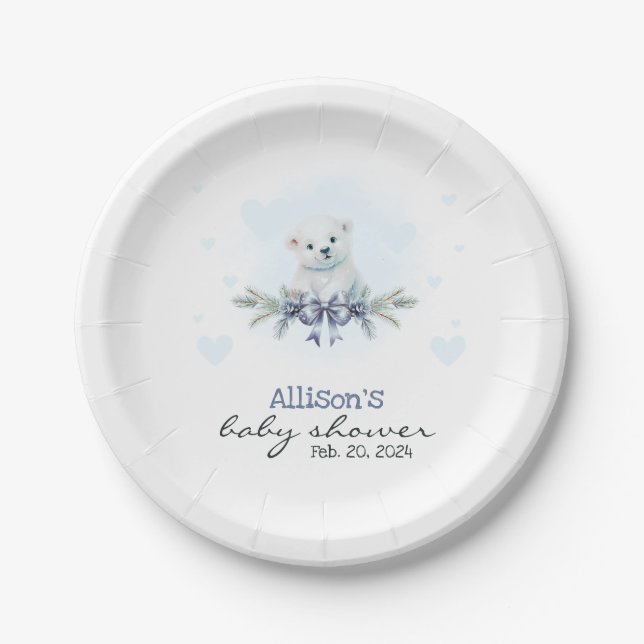 Assiettes En Carton Blue Polar Bear Cub Boy Hearts Baby shower d'hiver (Devant)
