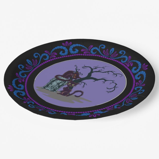 Assiettes En Carton Blue Purple Chats noirs Tombstone Tree Halloween (Angle)