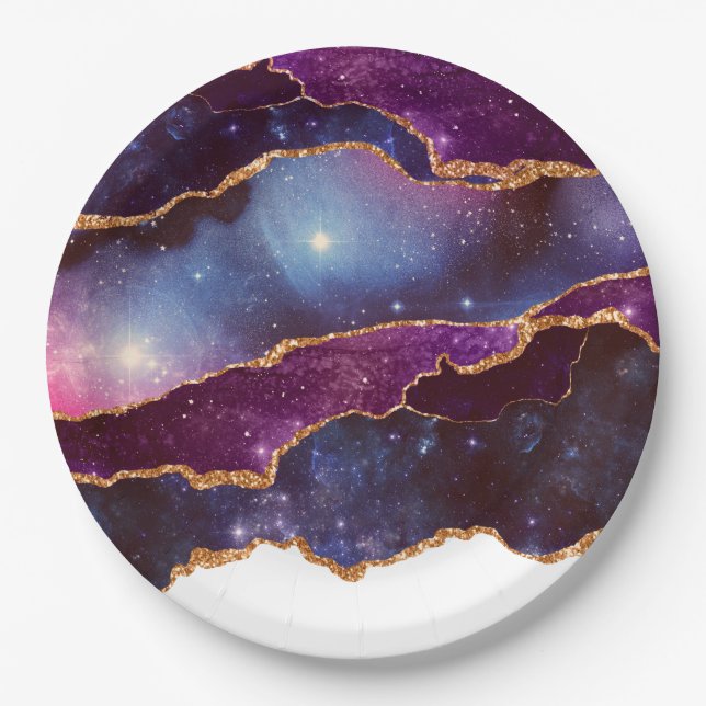 Assiettes En Carton Blue & Purple Space & Stars Agate moderne (Devant)