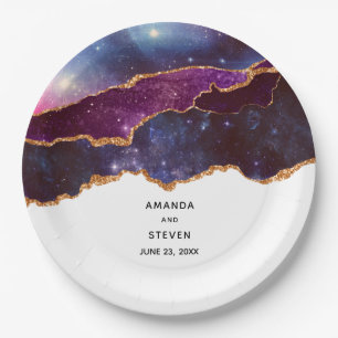 Assiettes En Carton Blue & Purple Space & Stars Moderne Agate Mariage