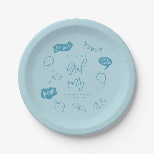 Assiettes En Carton Blue Quirky Grad Icons Grad Party (Devant)