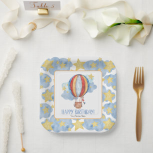 Assiettes En Carton Blue Red Hot Air Balloon Stars Enfants Joyeux anni