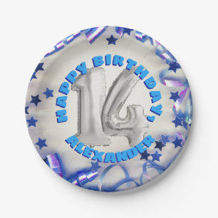 Assiettes En Carton Blue Ribbon & Stars Confetti 14e anniversaire