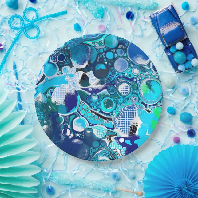 Assiettes En Carton Blue Sea bulles Art Abstrait (Fête)