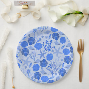 Assiettes En Carton Blue Seashings et Coral Motif Beach
