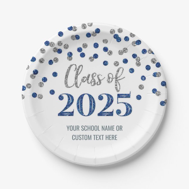 Assiettes En Carton Blue Silver Confetti Graduation 2025 (Devant)